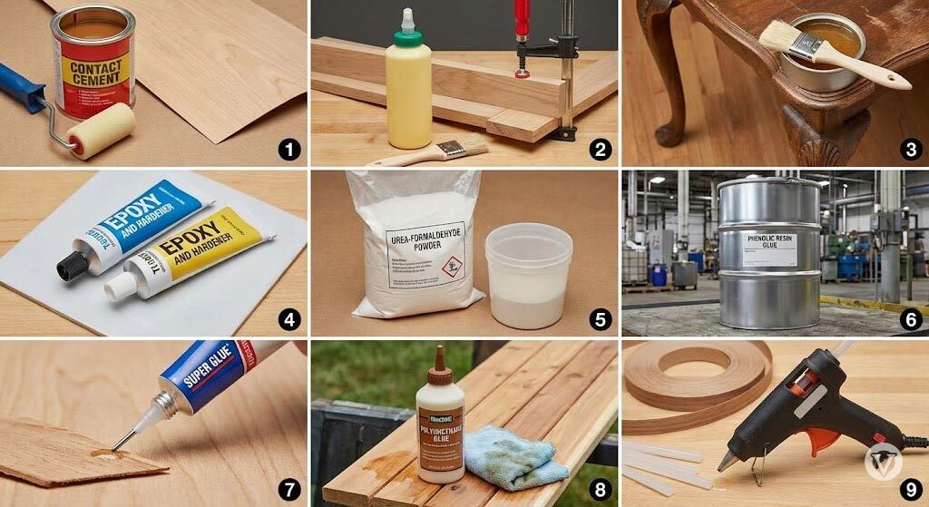 Collage of nine images showing various wood glue types. Includes contact cement, wood adhesive, epoxy, super glue, and glue gun in diverse woodworking settings.
