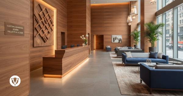 Modern hotel lobby with warm wood paneling, a sleek reception desk, and blue sofas. Large windows, soft lighting, and elegant decor create a welcoming atmosphere.