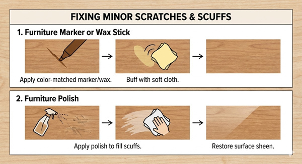 Fixing minor scratches and scuffs in veneer "Illustration showing two methods to fix minor furniture scratches: using a marker or wax stick, and furniture polish. Steps include application and buffing."