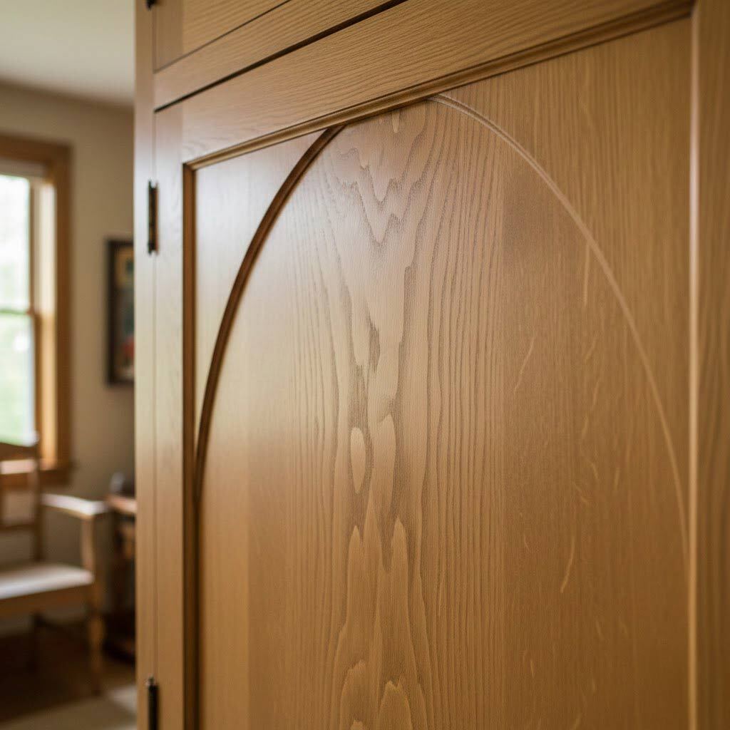 Flat Cut Oak Veneer Close-up of a wooden door with a curved, embossed design showcasing natural wood grain. Soft light from a window creates a warm, inviting atmosphere.