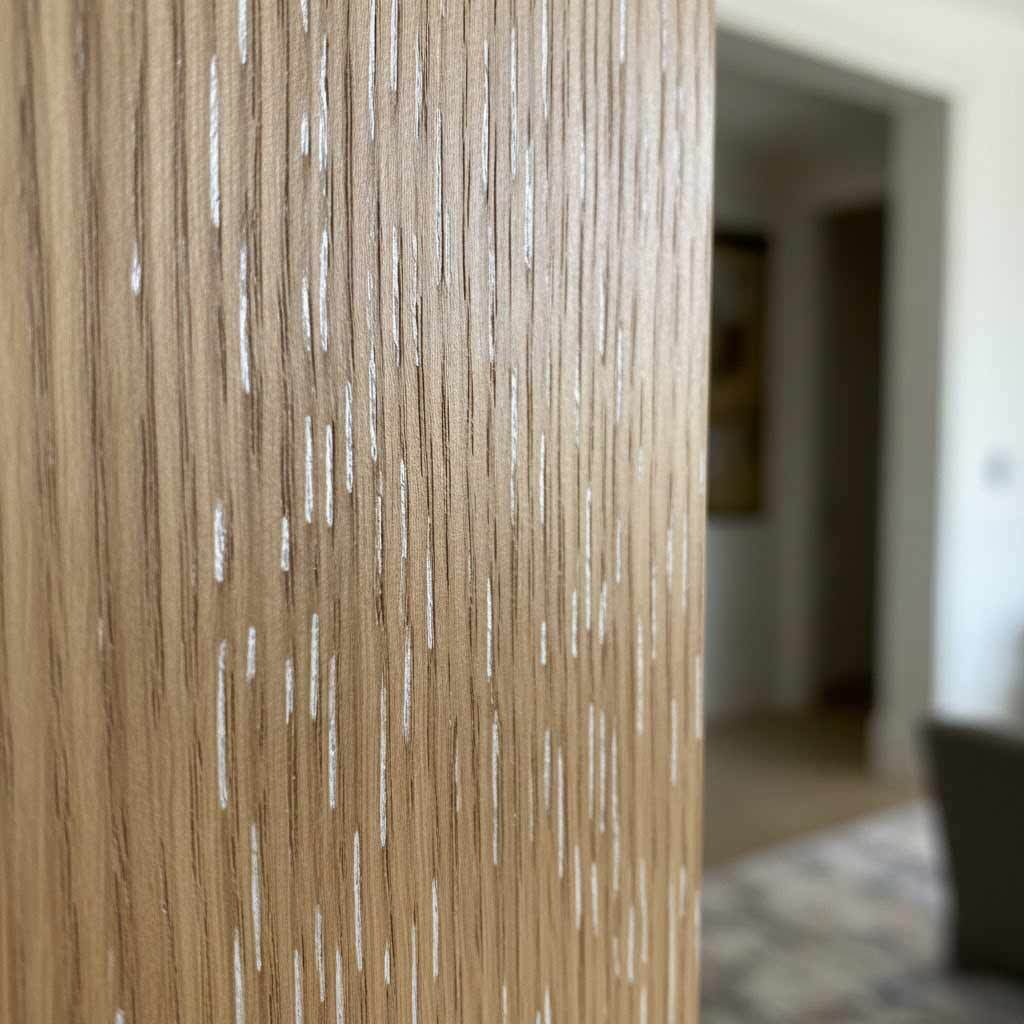 Fleck Quartered Cut White Oak Veneer Close-up of a light brown wooden surface with vertical white streaks, possibly a door frame. In the blurred background, a doorway leads to another room.