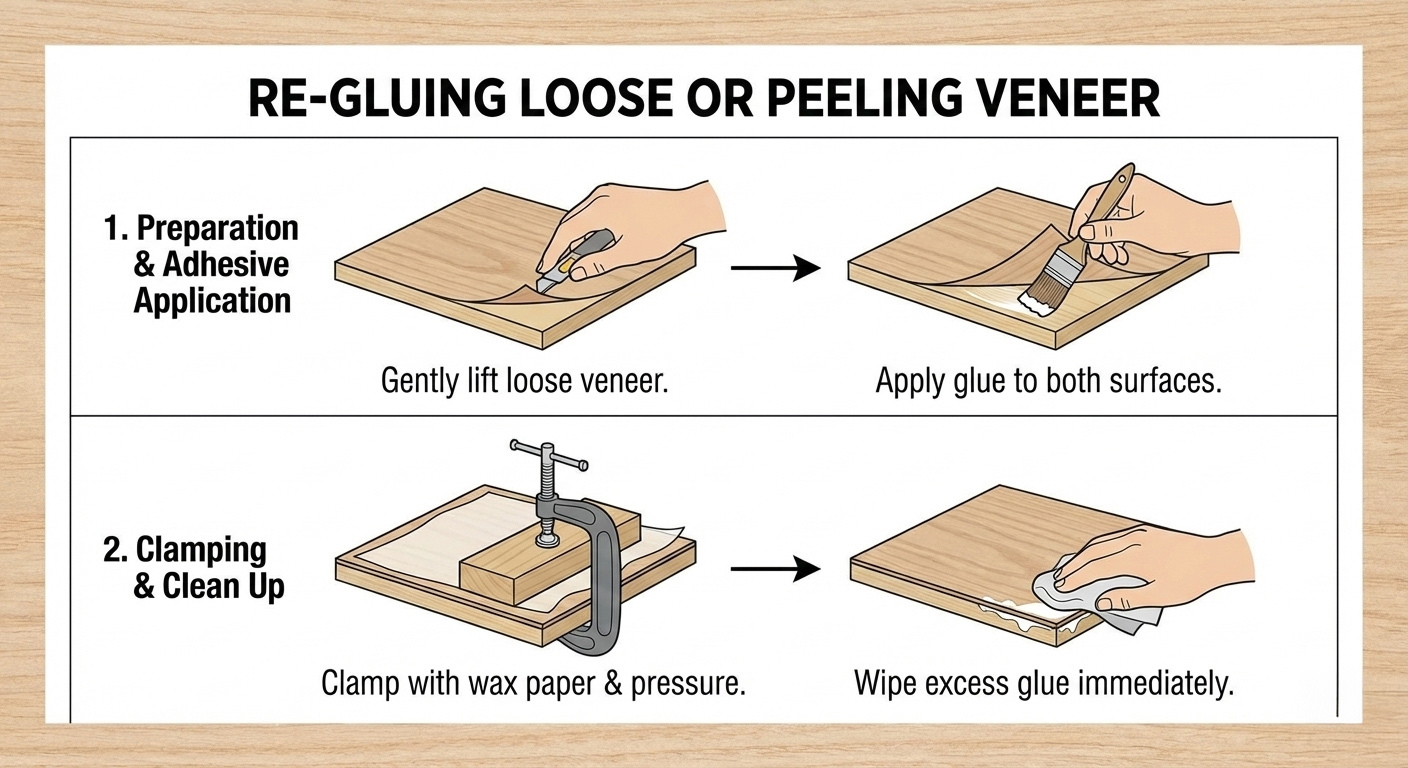 regluing loos or peeling veneer Illustration showing steps to reglue loose veneer. Top: Lift veneer, apply glue. Bottom: Clamp with wax paper, wipe excess glue. Keywords: veneer, glue, clamp.