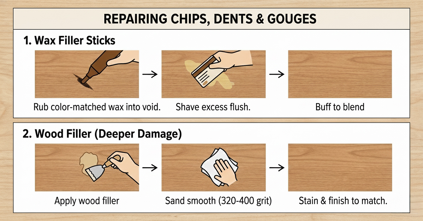 Repairing chips, dents and gouges Alt text: "Guide to repairing wood damage. Top: Wax filler sticks applied, shaved, and buffed. Bottom: Wood filler applied, sanded, and stained. Steps include rubbing wax, shaving excess, buffing, applying filler, sanding, and staining to match."