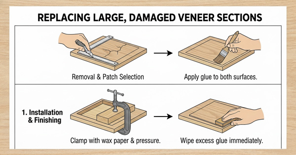 replacing large damaged veneer Instructional guide on replacing damaged veneer. Panels show selecting and removing veneer, applying glue, clamping with pressure, and wiping excess.