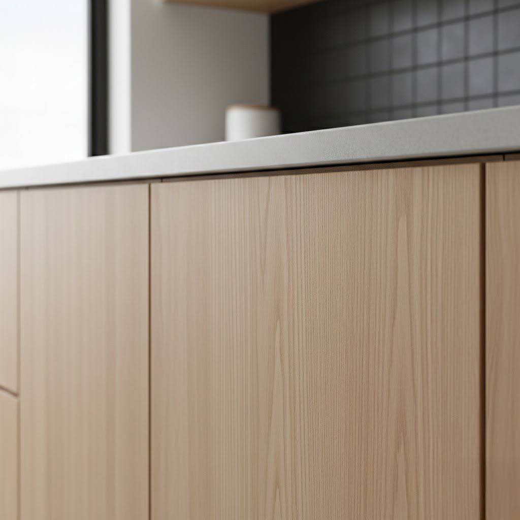 Rift cut oak veneer Minimalist kitchen with light wood cabinets, white countertop, and black tile backsplash. A small, blurred item sits on the counter, creating a modern, serene vibe.