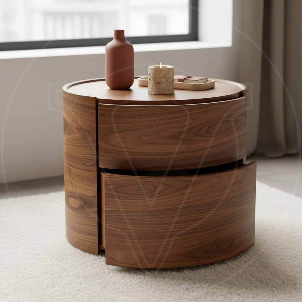 round bed side table made with plain sliced walnut veneer