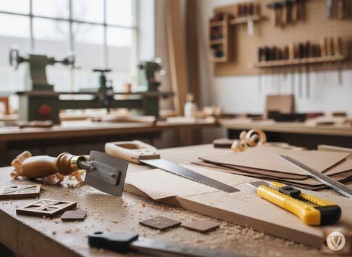 Woodworking tools on a table in a sunlit workshop, including a saw, chisel, and utility knife. The scene conveys creativity and craftsmanship.