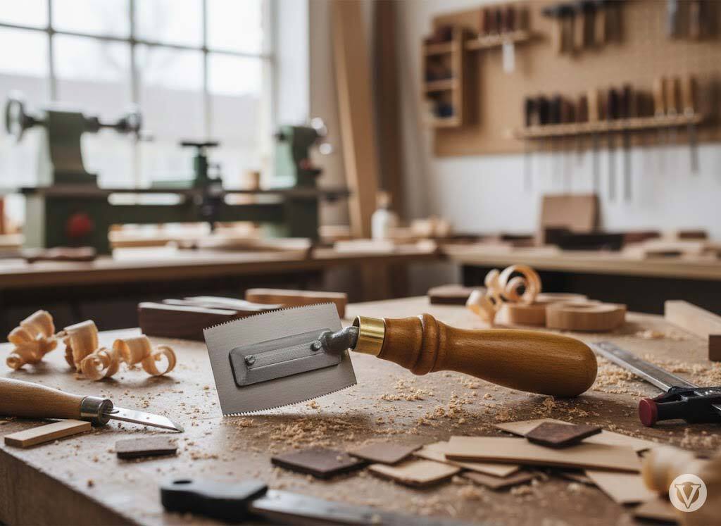 A woodworking studio with tools scattered on a wooden table, including a saw. Shavings, neatly arranged wood, and shelves in soft light create a cozy, industrious vibe.